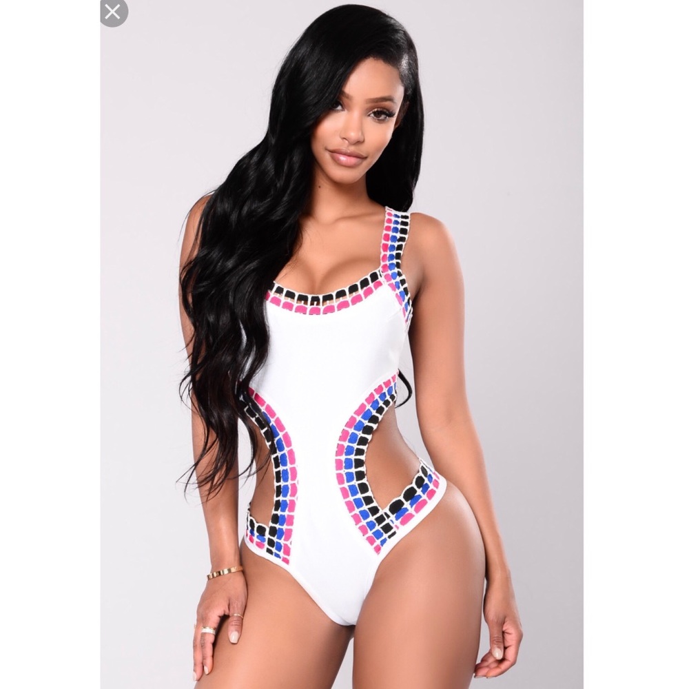White, Pink and Blue Bandage Cut Out Swimsuit